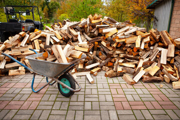 A pile of split firewood for heating a house in the yard, a wheelbarrow with firewood in the foreground.