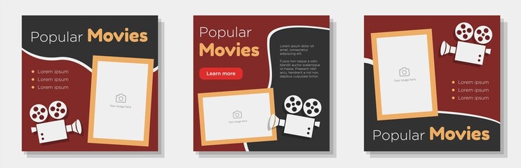 Cinema movie promotion social media post, banner set, movie night advertisement concept, old film camera marketing square ad, abstract print, isolated on background