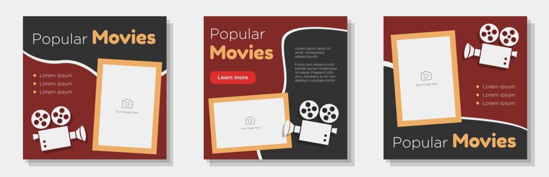 Cinema Movie Promotion Social Media Post, Banner Set, Movie Night Advertisement Concept, Old Film Camera Marketing Square Ad, Abstract Print, Isolated On Background