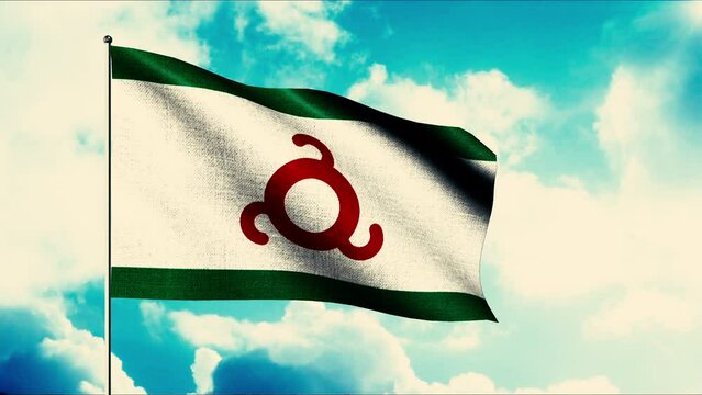 Ingushetia textile flag waving in the wind, seamless loop. Motion. Realistic abstract flag with white clouds in blue sky.