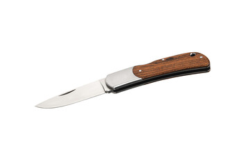 Compact metal sharp knife with a folding blade. Pocket folding knife with wooden handle isolate on white back
