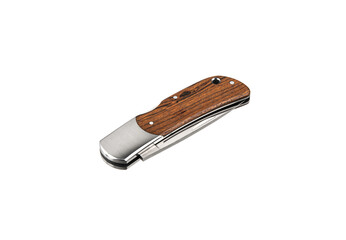 Compact metal sharp knife with a folding blade. Pocket folding knife with wooden handle isolate on white back