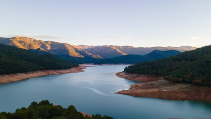 Aerial view of rural Spain, Jaen, Andalucia with lakes and forests