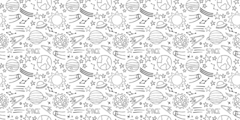Fototapeta na wymiar Space planets asteroids rocket ufo meteorite star night sky. Vector seamless pattern. Space travelling flight. Illustration in doodle style. For printing on paper fabric social media post web banner 