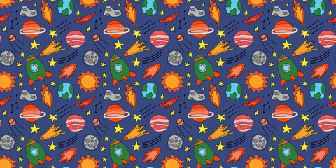 Space planets asteroids rocket ufo meteorite star night sky. Vector seamless pattern. Space travelling flight. Illustration in doodle style. For printing on paper fabric social media post web banner
