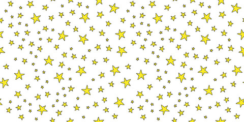 Space planets asteroids rocket ufo meteorite star night sky. Vector seamless pattern. Space travelling flight. Illustration in doodle style. For printing on paper fabric social media post web banner
