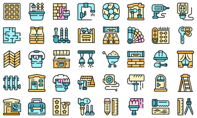 Remodeling icons set outline vector. Interior carpet. Home decoration
