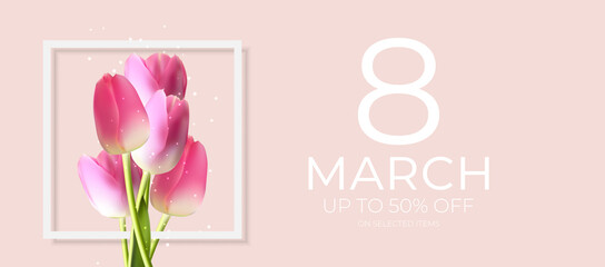 Poster International Happy Women s Day 8 March Greeting card sale banner. Can be used for advertising, web, social media, poster, flyer, greeting card. Illustration