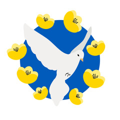 Biały gołąbek pokoju wzlatujący nad niebieskim tłem, otoczony żółtymi kwiatami. Symbol pokoju. Stop wojnie na Ukrainie.