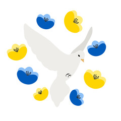 Wzlatujący gołąbek pokoju otoczony żółtymi i niebieskimi kwiatami. Symbol pokoju. Stop wojnie. Wsparcie dla Ukrainy.  Ilustracja wektorowa niebieska i żółta.