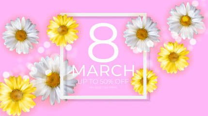 Poster International Happy Women s Day 8 March Greeting card sale banner. Can be used for advertising, web, social media, poster, flyer, greeting card. Illustration
