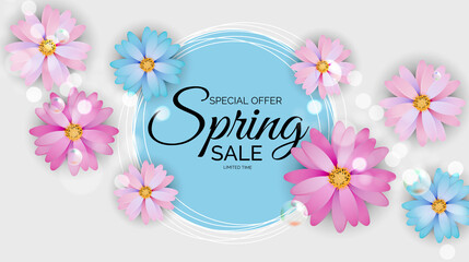 Promotion offer, card for spring sale season with spring plants, leaves and flowers decoration. Illustration