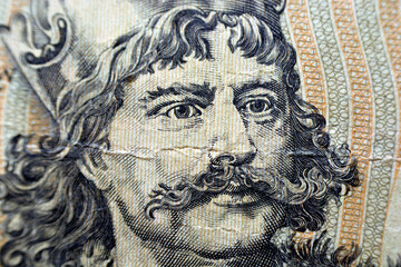 A portrait of King Bolesław Chrobry the brave, The duke of Poland from the reverse side of 2000 two thousand old Polish Zlotych banknote currency year 1982, old Polish Zloty money, vintage retro - obrazy, fototapety, plakaty