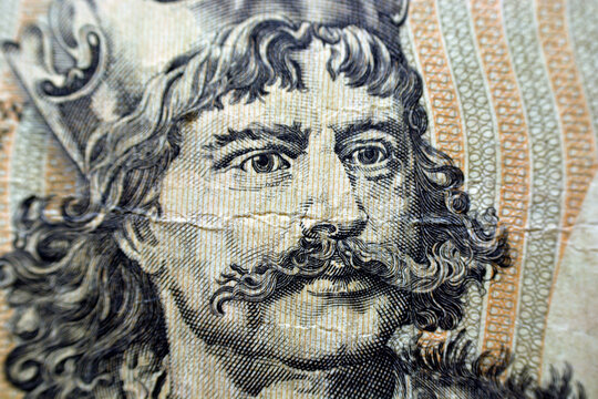 A portrait of King Bolesław Chrobry the brave, The duke of Poland from the reverse side of 2000 two thousand old Polish Zlotych banknote currency year 1982, old Polish Zloty money, vintage retro