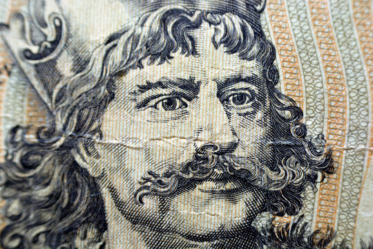A portrait of King Bolesław Chrobry the brave, The duke of Poland from the reverse side of 2000 two thousand old Polish Zlotych banknote currency year 1982, old Polish Zloty money, vintage retro