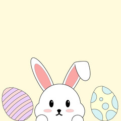 Happy Easter background with copy space area decorated eggs, confetti, flower and rabbit. Vector illustration greeting card, ad, promotion, poster, flyer, web-banner, article.