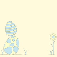 Happy Easter background with copy space area decorated eggs, confetti, flower and rabbit. Vector illustration greeting card, ad, promotion, poster, flyer, web-banner, article.