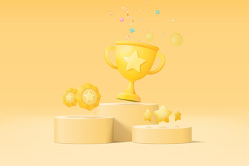 3d winners minimal with golden cup, gold winners stars on podium background. Award ceremony first and second and third concept on podium. 3d vector render isolated on blue pastel background - obrazy, fototapety, plakaty
