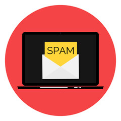 Envelope with spam. Spam Email Warning Window On Laptop Screen. Illustration.