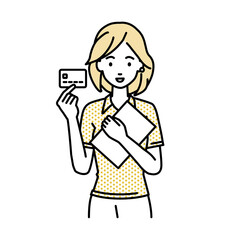 立って書類とカードを手に持つポロシャツの女性