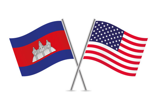 Cambodia and America crossed flags. Cambodian and American flags, isolated on white background. Vector icon set. Vector illustration.
