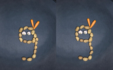 vegetable numbers of set on the black background. mockup of potatoes carrots and garlic from polymer clay.nine