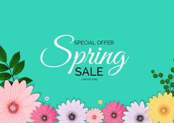 Promotion offer, card for spring sale season with spring plants, leaves and flowers decoration. Illustration
