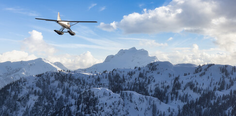 Fototapeta na wymiar View of Canadian Mountain Landscape with Seaplane Flying. Dramatic Cloudy Sky Art Render. 3d rendering Airplane. Background image from near Vancouver, BC, Canada. Adventure Travel Concept