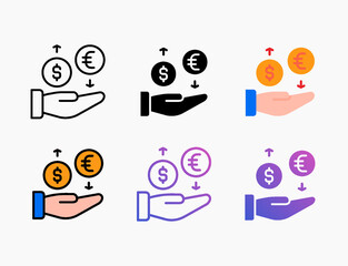 Fototapeta premium Money exchange dollar and euro icon set. Style line, outline, flat, glyph, color, gradient. Editable stroke and pixel perfect. Can use for digital product, presentation, print design and more.