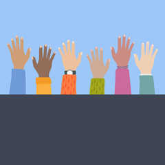 Multicultural and multiethnic people community integration concept with raised human hands. Racial equality of different culture and countries background. Illustration.