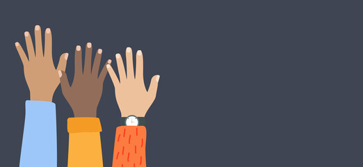 Multicultural and multiethnic people community integration concept with raised human hands. Racial equality of different culture and countries background. Illustration