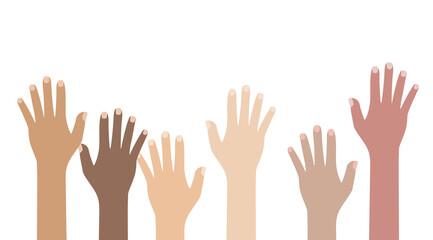 Multicultural and multiethnic people community integration concept with raised human hands. Racial equality of different culture and countries background. Illustration