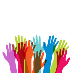 Multicultural and multiethnic people community integration concept with raised human hands. Racial equality of different culture and countries background. Illustration