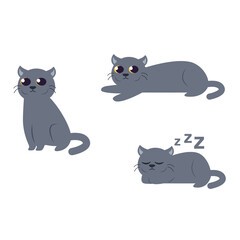 Cartoon cat set with different poses and emotions