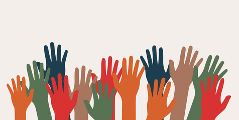 Fototapeta premium Multicultural and multiethnic people community integration concept with raised human hands. Racial equality of different culture and countries background. Illustration