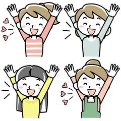 バンザイをする若い女性の上半身セット
