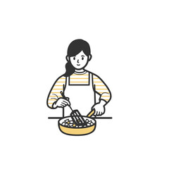 フライパンで炒め料理をする女性