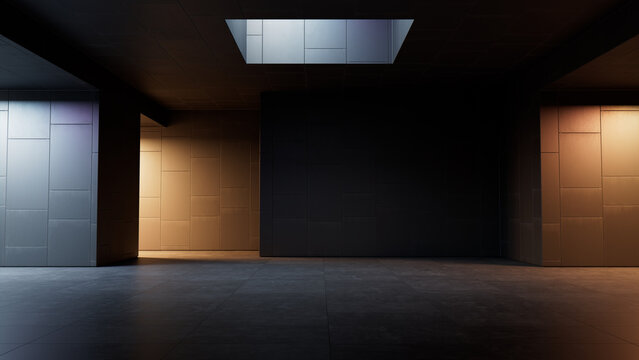 Industrial interior. Modern Architecture Constructed from Black Cladding and Tiled Concrete materials.