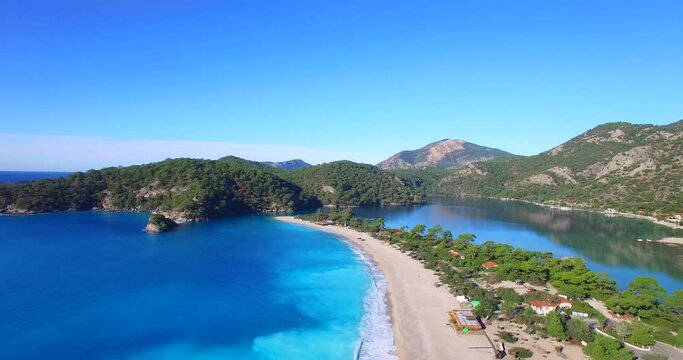 aerial drone footage of famous tourism place blue lagoon oludeniz fethiye turkey fethiye above by the ocean