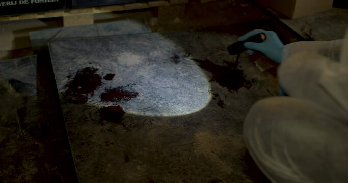 CSI police technician shining flashlight over blood pools in abandoned building