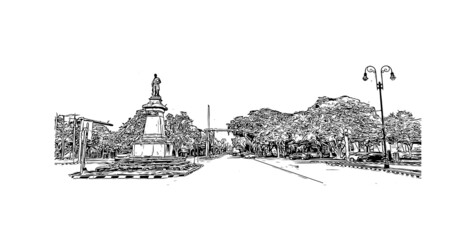 Building view with landmark of Merida is the 
city in Mexico. Hand drawn sketch illustration in vector.