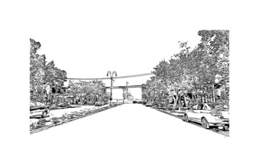 Fototapeta premium Building view with landmark of Merida is the city in Mexico. Hand drawn sketch illustration in vector.