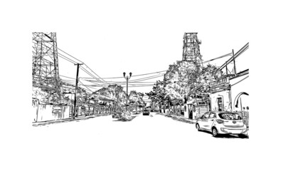 Obraz premium Building view with landmark of Merida is the city in Mexico. Hand drawn sketch illustration in vector.