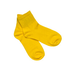 A pair of bright yellow sports socks isolated on a white background. Flat lay.
