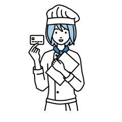 立って書類とカードを手に持つ調理師の女性