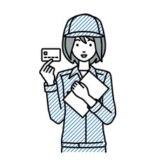 立って書類とカードを手に持つ作業員の女性