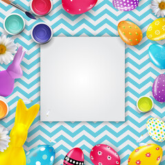 Easter poster template with 3d realistic Easter eggs and empty frame. Template for advertising, poster, flyer, greeting card. Illustration