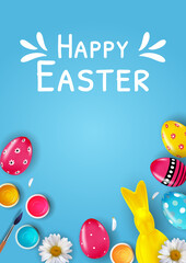 Easter poster template with 3d realistic Easter eggs. Template for advertising, poster, flyer, greeting card. Illustration