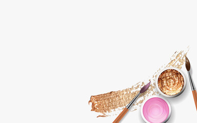 Golden brush paint strokes, tins with gouache, acrylic paint with realistic 3d Wooden brush. Illustration