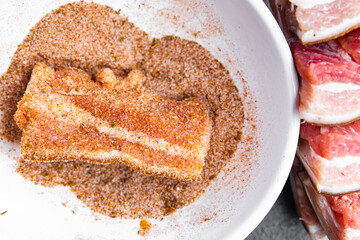 bacon belly meat piece meat fat lard fresh pork meat in spices fresh meal food snack on the table copy space food background 